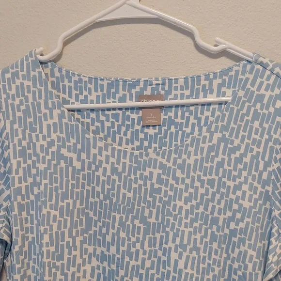 Chico's Touch of Cool Brick Geometric Ballet Elbow Tee.  Soft Blue. - Picture 2 of 7